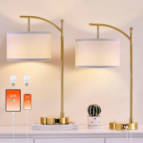 Table Lamp Set of 2, 23.5" Bedside Lamps with USB C+A Ports, Gold