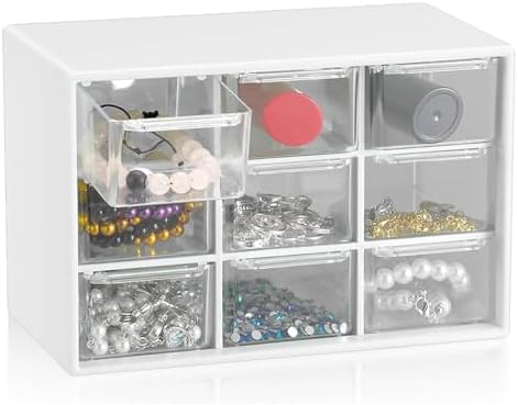 6 Pcs Small Drawer Organizer for Desk, Mini Desktop Drawer Organizer with 9 Clear Drawers, Plastic Desktop Craft Storage Box for Desk Office School Home 7.1" x 3. 8" x 4.6" (White)