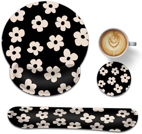 Ergonomic Keyboard and Mouse Wrist Rest Set, Abstract Black Flower Mouse Pad with Non Slip Base, Soft Cloth Surface for Office and Home Typing Support