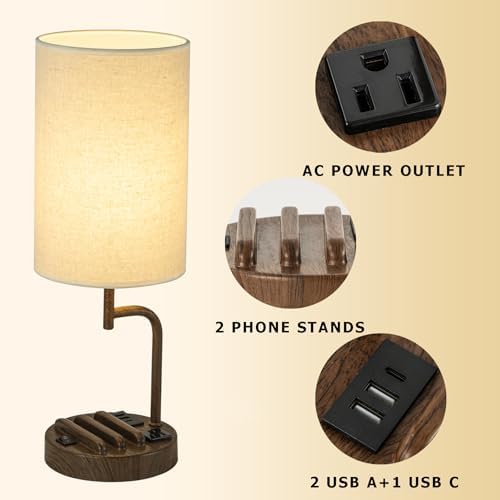 Dreamholder Table Lamp with 3 USB Charging Ports, Modern Desk Lamp with AC Outlet and Phone Stands, Perfect Bedside Lamp for Bedroom, Living Room, Office (Pack of 2), Walnut