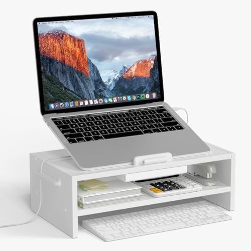 AFOOYO Adjustable Wood Laptop Stand, Ergonomic Height Angles Computer Holder Riser for Desk Compatible with Air, Pro, Dell, HP, Lenovo More 10-17.3" Laptops, White