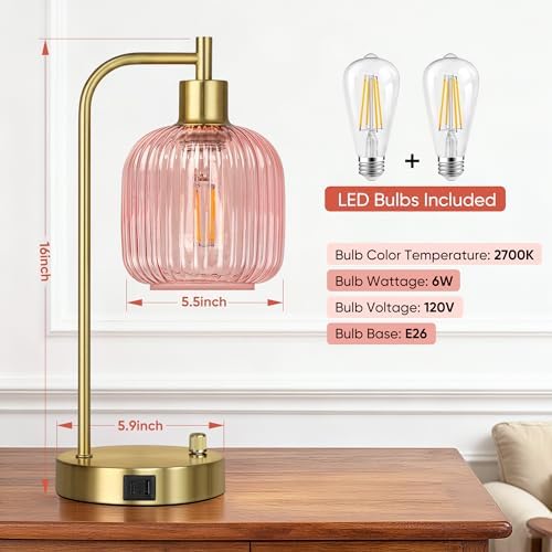 Pink Glass Table Lamps Set of 2, Dimmable Bedside Lamps for Living Room