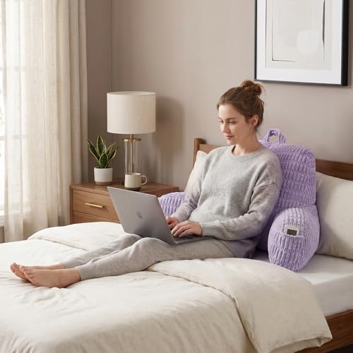Large Reading Pillow for Sitting Up with Arms,Purple Corduroy