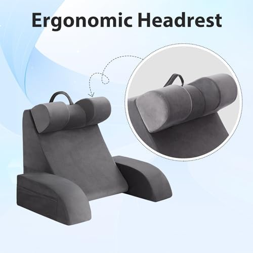 19" Reading Pillow for Bed with Back Support & Big Pockets, Grey
