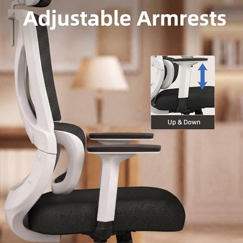 Mesh Ergonomic Office Chair with Lifting Armrests Home Office Desk Chair with Headrest and Backrest 90-150 Adjustable for Home, Office, Gaming, Student（White+Black）