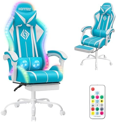 HOFFREE LED Gaming Chair with Massage RGB Lights Computer Chairs-Sky Blue