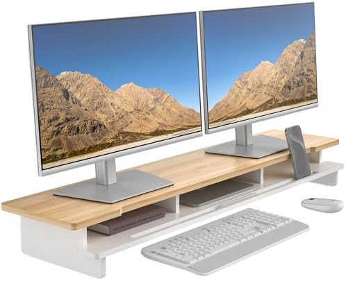 42.5" Dual Monitor Stand Riser with Phone Holder Desk Shelf White
