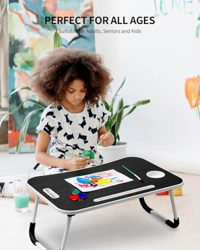 FISYOD Foldable Laptop Table, Portable Lap Desk Bed Table Tray, Laptop Stand with Cup Holder & Tablet Slot & Lifting Handle for Working Writing Drawing & Eating (Black Grain)