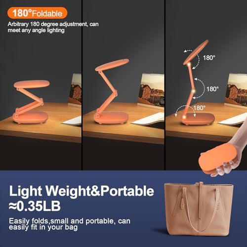 Akejrym LED Desk Lamp for Office Home & Battery Operated Lamp Rechargeable Lamp Foldable & Portable Light, [2-Fold Bracket] 3 Brightness Dimmable Small Desk Lamp Wireless Reading Lamp (Orange)