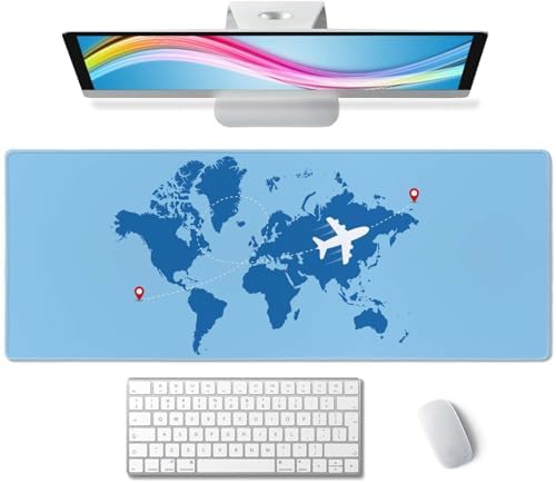 World Map with Airplane Desk Mat Blue Large Mouse Pad XL Extended Gaming Mousepad Keyboard Mouse Mat Desk Pad for Computer Laptop 31.5''X11.8'' Non-Slip Rubber Base with Stitched Edges