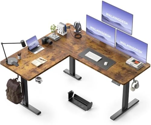 WALKINGDESK 63X55 Inches Reversible L Shaped Standing Desk Height Adjustable with Cup Holder, Electric Corner Computer Desk, Sit Stand up Home Office Desk, Ergonomic Gaming Desk, Rustic Brown