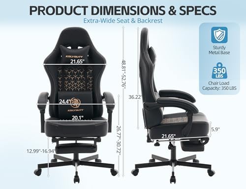 Office Chair for Home Office, Ergonomic Wide Seat Desk Chair with Pocket Spring Cushion, Breathable Leather Gaming Chair with Adjustable Headrest and Retractable Footrest，Black