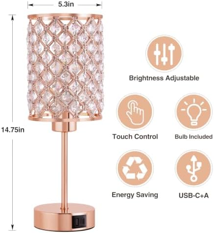 Crystal Table Lamp, Rose Gold Touch Lamp with USB C+A Port, 3-Way Dimmable