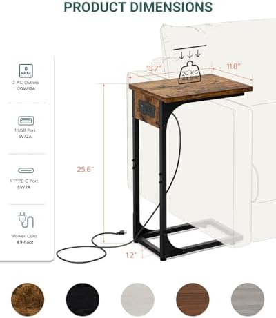 C-Shaped Side Table for Couch - Small Coffee Stand Sofa Tray Desk with Metal Frame Waterproof Scratch Resistant Wood Top and Built-in Charging Station, Rustic Brown