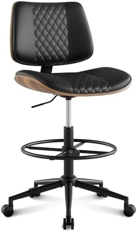 Drafting Chair with Adjustable Footrest, Rolling Walnut Stool, Black