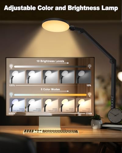 Desk Lamp, 16W LED Desk Light with Clamp & Adjustable Arm for Home Office Video Calls, Touch Control Eye-Care Light for Reading with 5 Color Temps (1700K-6000K) & 10 Brightness, Timer 0.5H/1H