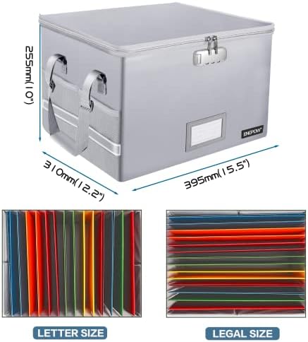 ENGPOW File Box with Lock, Fireproof Document Box with Pockets, Collapsible File Organizer Filing Storage Cabinet with Handle, Portable Home Office Safe for Hanging Letter/Legal Folders,Silver,2 Pack