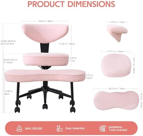 Ergonomic Cross Legged Chair, 360° Swivel Meditation Chair with Wheels - Adjustable Height for ADHD Desk & Yoga, Wide Criss Cross Chair for Home, Pink