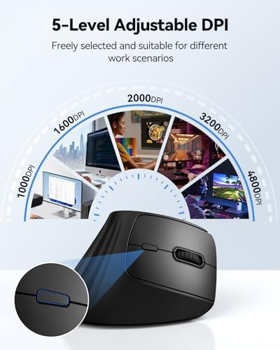 TECKNET Ergonomic Wireless Bluetooth Mouse, Silent Rechargeable Vertical Mouse(BT 5.0/5.0+2.4G), 5-Level 4800 DPI, 200H Long Battery Life, Quiet Clicks, 2.4GHz with USB A Receiver, Wide Compatibility