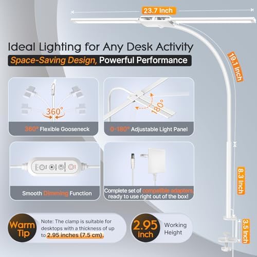 Syrinx LED Desk Lamp, Double Head Gooseneck Desk Lamps for Home Office with Gesture Switch & Wired Control, 12W Bright Modern Desk Light Eye-Caring Office Desk Lamp with Clamp for Crafting Reading