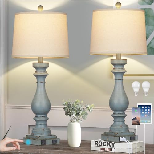 Cinkeda 29" Tall Table Lamp for Living Room Set of 2,Coastal Bedside Nightstand Lamps with USB C+A Ports & AC Outlet,3-Way Dimmable Touch Control Retro Blue Desk Lamp for Bedroom,Color 3