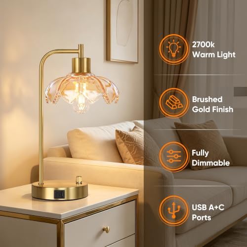 Glass Table Lamps Set of 2, Champagne Dimmable Bedside Lamps for Bedroom