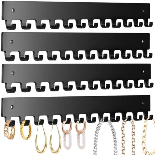 Acrylic Necklace Holder 4 Pack Wall Mounted Necklace Organizer Hanging Jewelry Organizer with 12 Hooks for Necklaces, Bracelets, Rings and Bangles Display Black