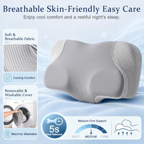 Cervical Neck Pillow for Pain Relief, Ergonomic Memory Foam Pillow for Neck & Shoulder Support，Grey, 60 * 36 * 13cm, Cooling Pillow for Side Back & Stomach Sleepers with Washable Cover