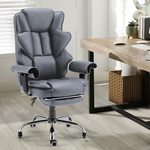 HOMREST 6-Point Massage Executive Chair, Heated Office Chair, Ergonomic Home Office Desk Chairs with Retractable Footrest & Adjustable Armrest, Leather Computer Chair with Reclining Function, Grey