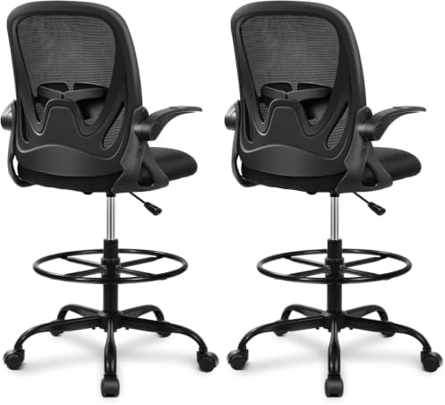 Primy Drafting Chair Tall Office Chair with Flip-up Armrests Executive Ergonomic Computer Standing Desk Chair with Lumbar Support and Adjustable Footrest Ring (Black) (Pack of 2)