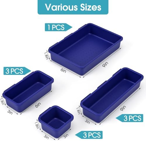 StoreHappily 10 PCS Drawer Organizer Set, 4 Size Makeup Drawer Divider Organizer With Non-Slip Pads, Interlocking Plastic Storage Bins for Office,Jewelry Vanity,Gadgets, Bathroom,Kitchen, Navy