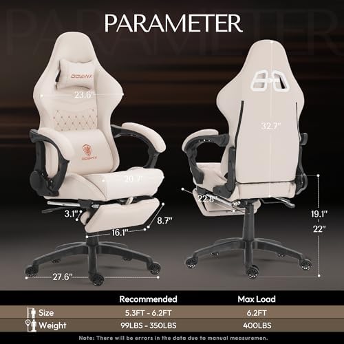 Dowinx Gaming Chair Big and Tall with Dual Extended Footrest & Massage, Ergonomic Reclining Computer Chair for Adults, Racing-Style Gamer Chair 400lbs Capacity, Heavy Duty Office PC Chair (White)