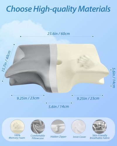 HOMCA Memory Foam Cervical Pillow, 2 in 1 Ergonomic Contour Orthopedic Pillow for Neck Pain, Contoured Support Pillows for Side Back Stomach Sleepers with Satin Pillowcase (Satin Gray)