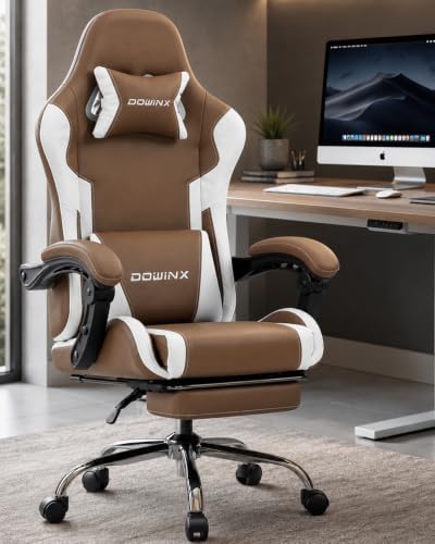 Dowinx Ergonomic Gaming Chair with Footrest & Massage Lumbar, 2D-Linkage Armrests for Computer Chair 330lbs with Headrest Pillow for Office, Home, Streaming and Long Gaming Sessions, Fabric Brown