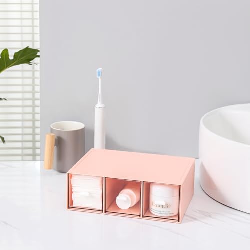 MILULUGO Plastic 3 Drawer Organizer for Cosmetic Storage, Desk Organizer, Makeup Organizer for nail polish, Lipstick, Brushes, Jewelry, Skincare, Bathroom Organization Boxes - Pink