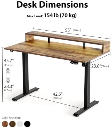 Agilestic 55*24 Inch Electric Standing Desk with Shelf & Led, Rustic Brown