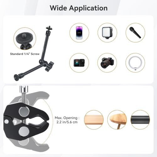 UTEBIT 13'' Magic Arm Camera Mount 360° Rotation 2-Sections Foldable Tabletop Holder with C-Clamp Overhead Camera Mount with 1/4" & 3/8" Screw Hole for DSLR, Digicam, Webcam, Microphone
