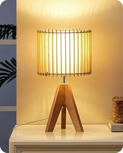 EDISHINE 14.17" Small Table Lamp, Wood-Colored Hollow Shade, E26 Base