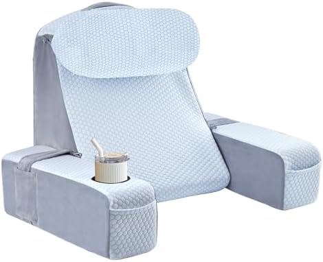 Reading Pillow for Adults, Back Pillow for Bed Sitting Up, Backrest Pillow for Sitting in Bed, Detachable Arms with Built-in Cup & Phone Caddy (White Cooling - Polka, 19 INCH)
