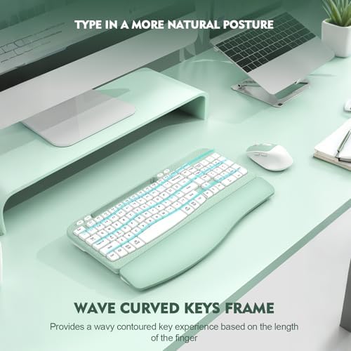 Wireless Keyboard and Mouse Combo, Full-Sized Ergonomic Wave Keys Keyboard with Memory Foam Wrist Rest & Phone Holder, 2.4G Quiet Keyboard Mouse Work Setup for PC Laptop, Office or Home (Mint Green)