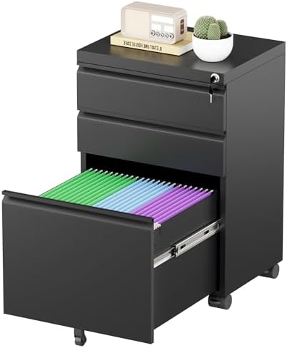 Bonusall 3 Drawer File Cabinet with Lock, Small Under Desk Filing Cabinet for Home Office, Fully Assembled Metal Rolling Storage Fits A4/Letter/Legal