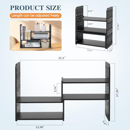 EARTHSON Desk Organizer Shelf, Expandable Bookshelf for Desk, Small Desktop Bookshelf, Mini Cute Adjustable Office Desk Shelves, Black