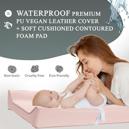 Vegan Leather Contoured Baby Changing Pad | Waterproof & Wipe-Clean PU Leather Diaper Change Mat, Soft, Wipeable Cover, Safety Strap, Non-Slip Bottom, Topper for Standard Infant Diaper Table & Dresser