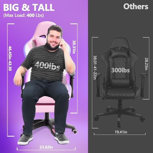 Mr IRONSTONE Gaming Chair with Footrest, Ergonomic Gaming Chair with Massage Lumbar Support and Headrest, Reclining Computer Desk Chair for Adults, Adjustable Swivel Gaming Office Chair, Pink