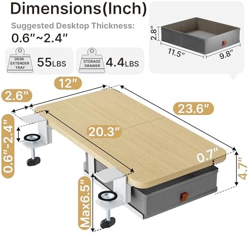 PEGZONE Desk Extender Tray, 24" x 12", with Storage Drawer, Medium, Wood