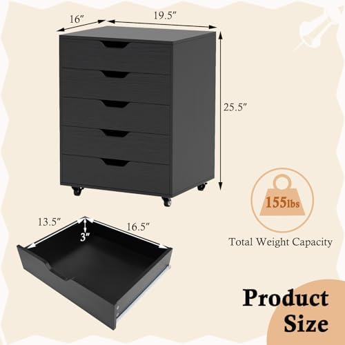 DREAMADE Rolling File Cabinet, 5-Drawer Under Desk File Cabinet
