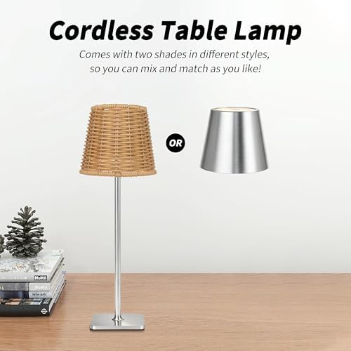 Mr. White Outdoor Waterproof Cordless Wireless Rechargeable Portable Top Touch Battery Operated Powered LED Table Lamp Desk Lamp Lights for Restaurant Kitchen Patio Dinner Dining (Nickel)