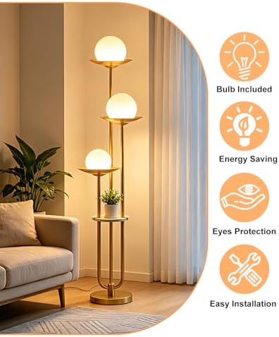 Lightdot 3-Globe Dimmable Floor Lamp with Table Modern Floor Lamps 3000K Warm White Bulbs Included Gold Tall Standing Lamp with 5Lbs Heavy Base for Living Room/Bedroom/Sofa Beside/Corner Decor