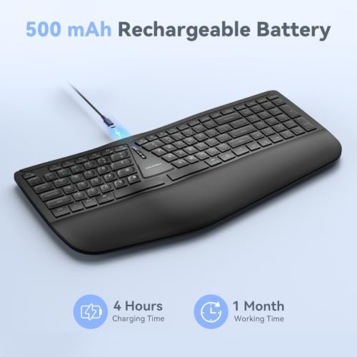 TECKNET Wireless Ergonomic Keyboard Rechargeable, 2.4G+Bluetooth Ergo Cordless USB Computer Keyboard, Wrist Rest, Natural Typing, Stain-Resistant Fabric, Compatible For Windows Computer Desktop Laptop