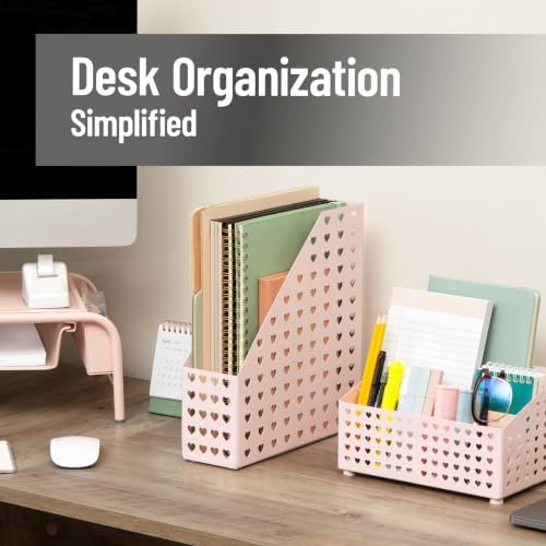 Mind Reader Vertical File Holder, Metal Magazine Organizer with Heart Cutout Design, Desktop Document Storage, Non-Skid Base, Pink